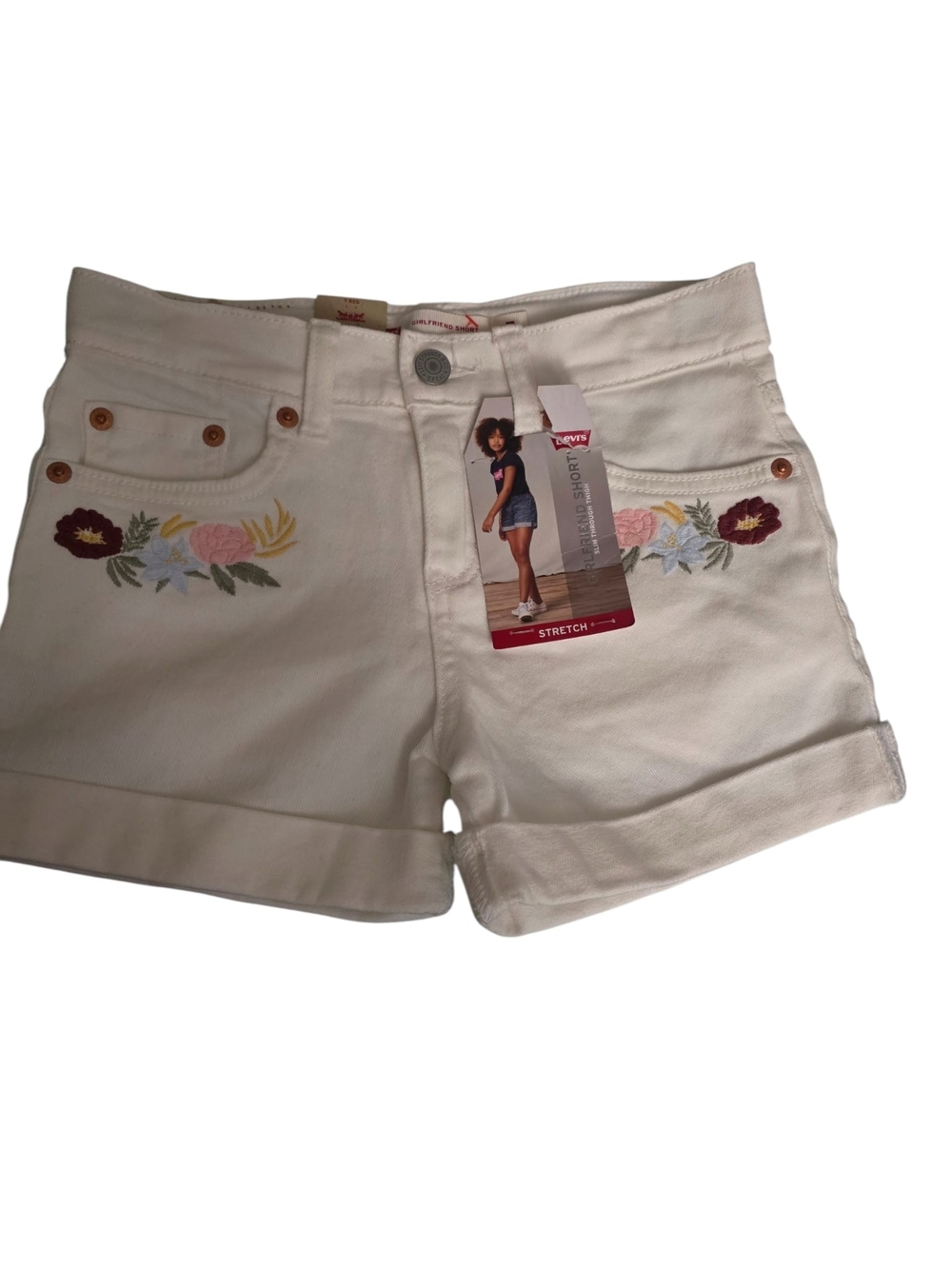 Levi's Cream Embroidered Floral Cuffed Jean Shorts